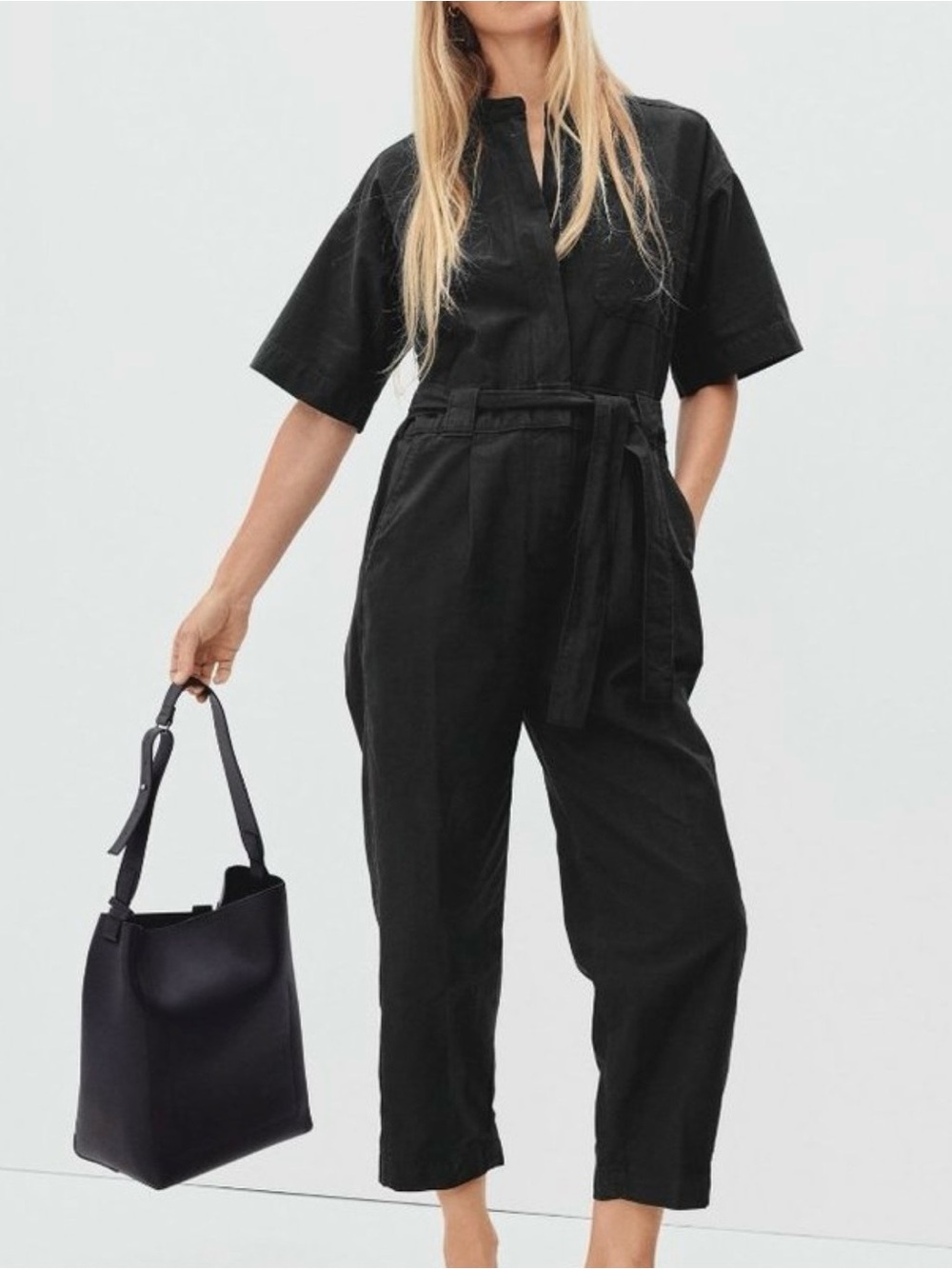 Everlane Black Short-Sleeve Utility Jumpsuit with Tie Waist